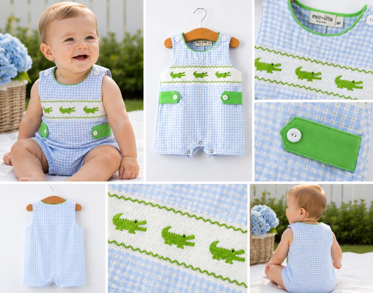 Blue gingham alligator smocked bubble ￼