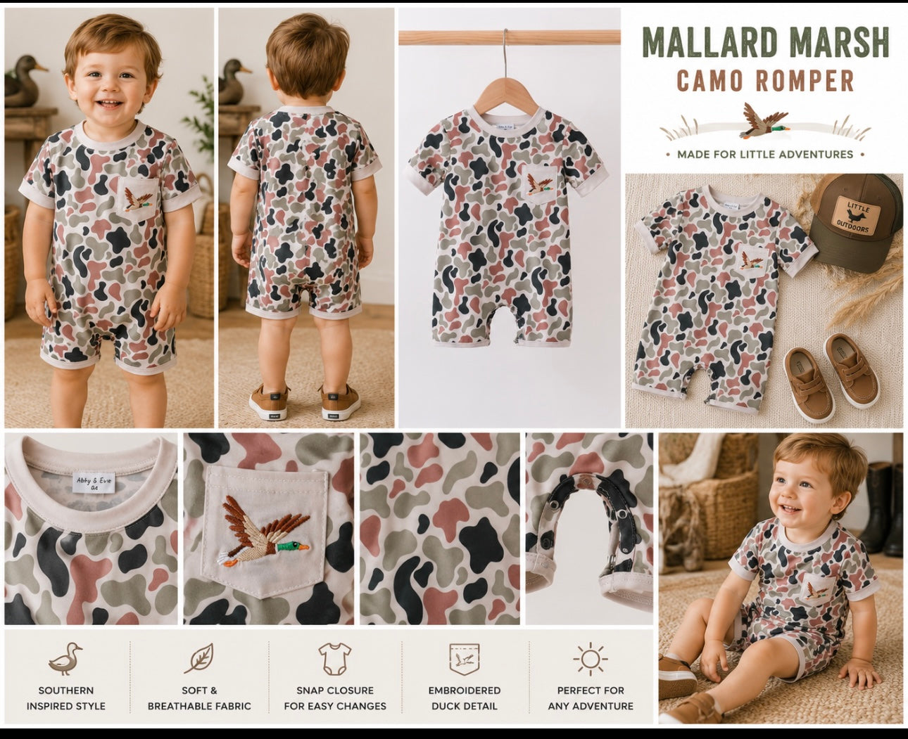 Mallard marsh camo romper ￼