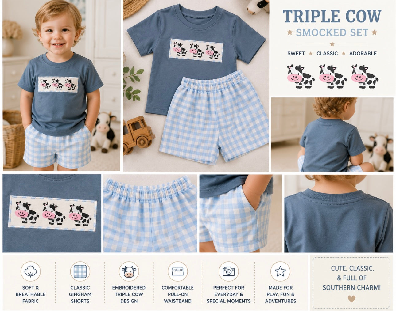 Triple Cow Smocked Set