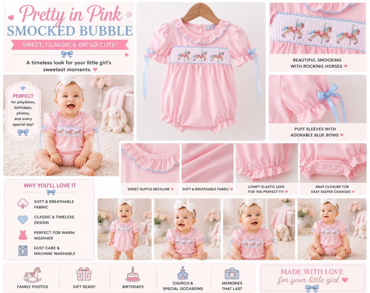 Pink carousel smocked bubble￼
